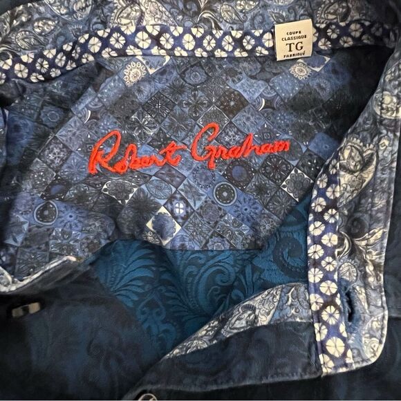 Robert Graham Blue PAISLEY Shirt Button Down Short Sleeve SZ XL - Picture 7 of 10